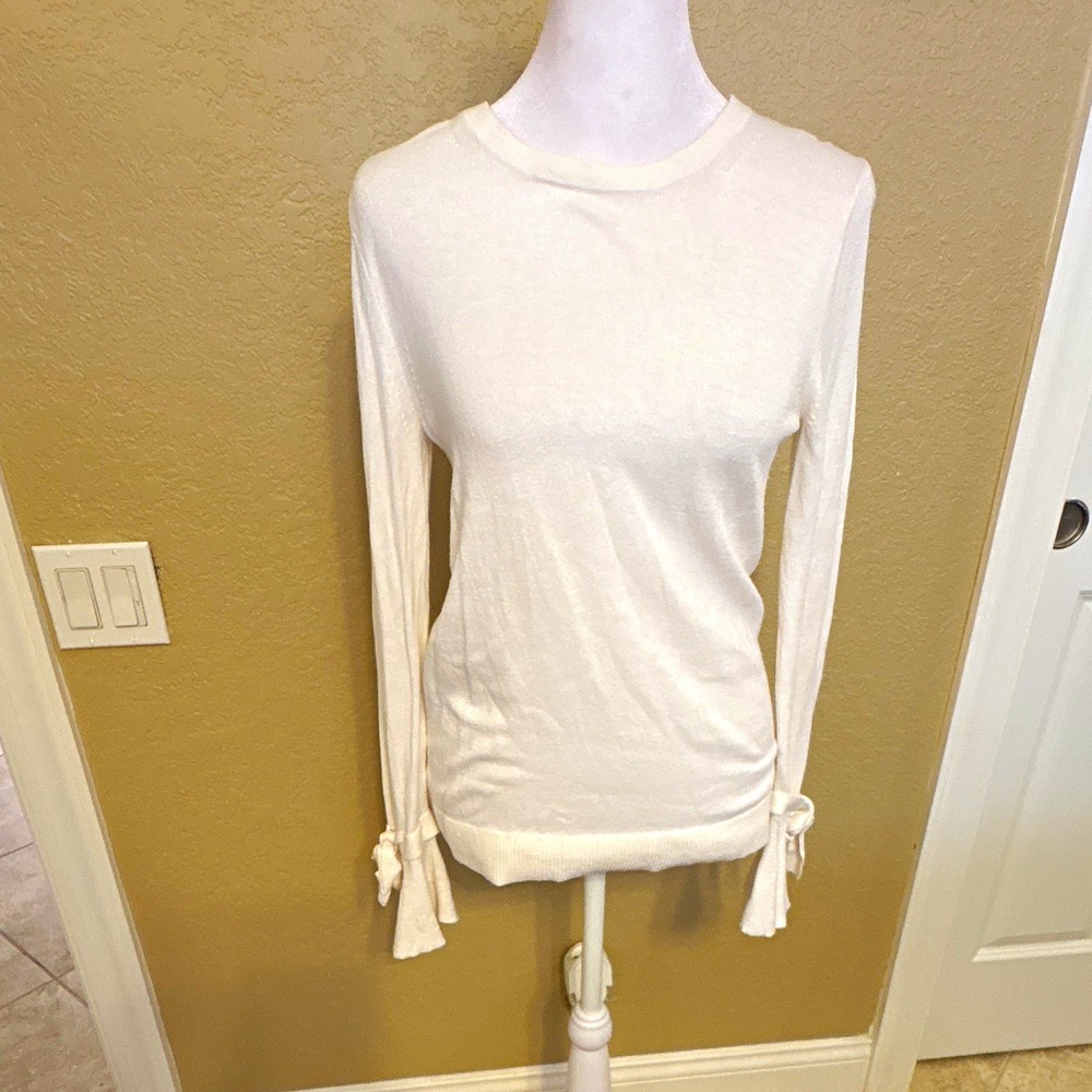 Banana Republic Women's Ivory Knit Crewneck Bow Cuff Long Sleeve Sweater, S